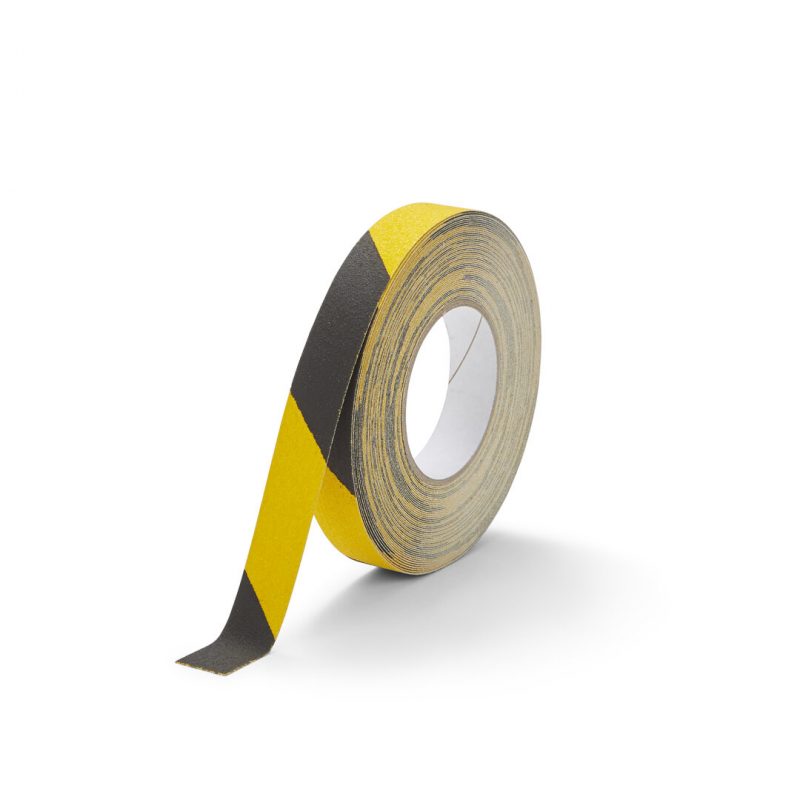 Černo-žlutá korundová snímatelná protiskluzová páska FLOMA Hazard Standard Removable - 18,3 m x 2,5 cm a tloušťka 0,7 mm (cena za 1 ks)