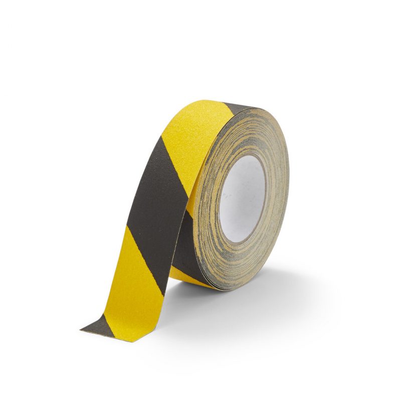 Černo-žlutá korundová snímatelná protiskluzová páska FLOMA Hazard Standard Removable - 18,3 m x 5 cm a tloušťka 0,7 mm (cena za 1 ks)