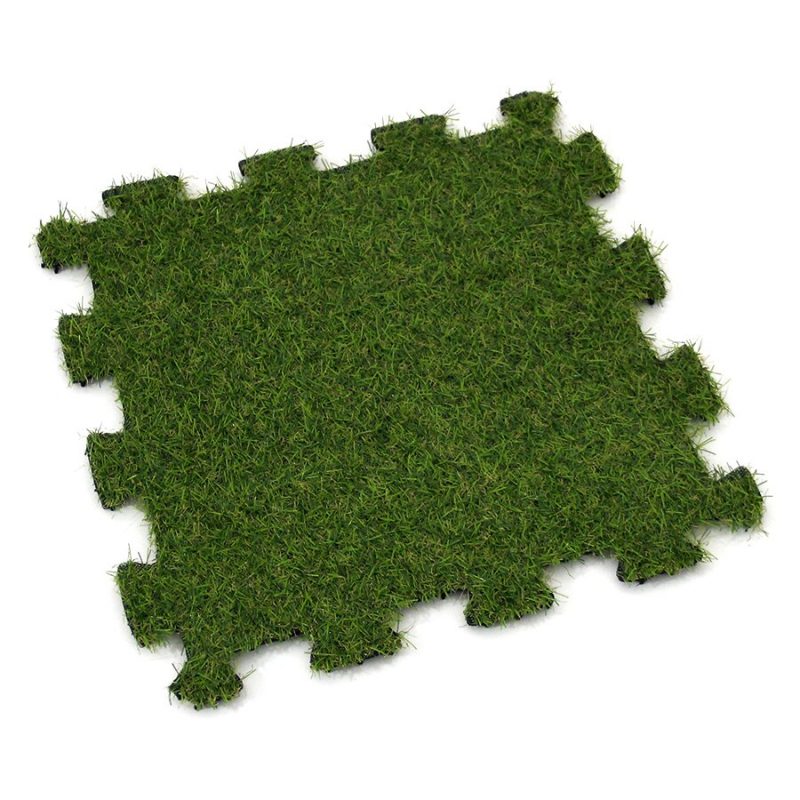 Zelená gumová puzzle terasová dlažba s umělým trávníkem FLOMA Comfort Tile - 36,5 x 36,5 x 1,2 cm (cena za 1 ks)
