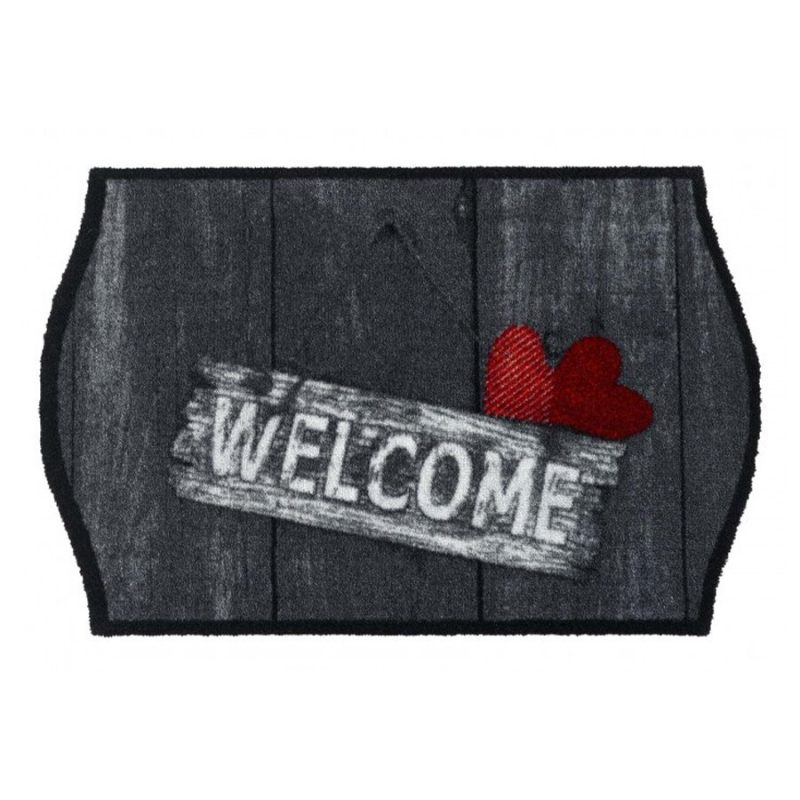 Černo-šedá vnitřní čistící pratelná vstupní rohož FLOMA Welcome Hearts - 50 x 75 x 0,8 cm (cena za 1 ks)