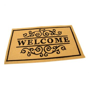 Žlutá textilní vstupní čistící vnitřní rohož Welcome - Deco, FLOMAT - délka 45 cm, šířka 75 cm a výška 0,3 cm